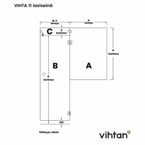 Vihtan Saunan lasiseinä 11 ovi + ylälasi + puolilasi clear väritön glass