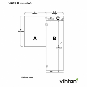 Vihtan Saunan lasiseinä 11 ovi + ylälasi + puolilasi clear väritön glass