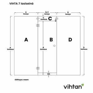 Vihtan Saunan lasiseinä 7 ovi + ylälasi + 2 sivulasia clear väritön glass