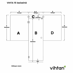 Vihtan Saunan lasiseinä 15 ovi + ylälasi + 2 puolilasia black glass