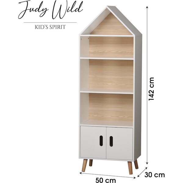 Judy Wild Kid's Spirit Lasten kirjahylly 5 tasolla ja ovilla 50x30xK142cm, mäntyjalat, beige/valkoinen