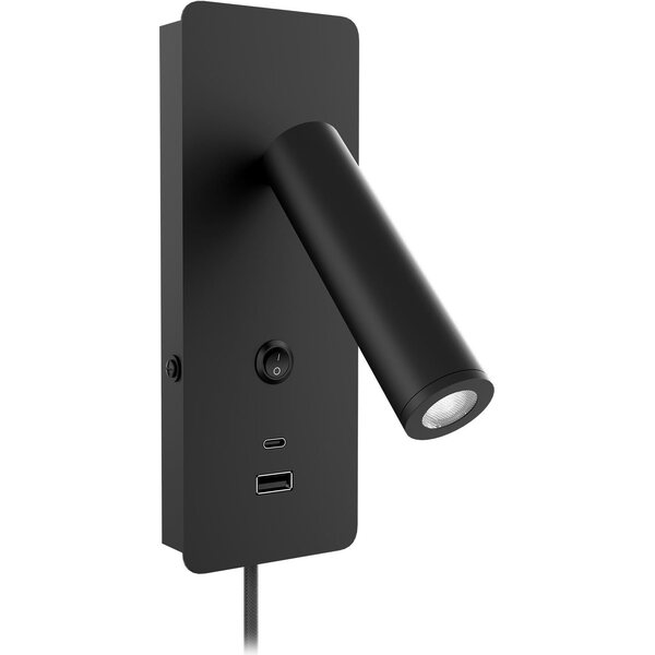 Valaisin Grönlund Gent USB A + C seinävalaisin, pinta-asennettava, matta musta. 2,1 A USB-A ja USSB-C latausportti