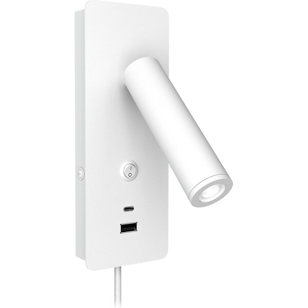 Valaisin Grönlund Gent USB A + C seinävalaisin, pinta-asennettava, matta valkoinen. 2,1 A USB-A ja USSB-C latausportti.